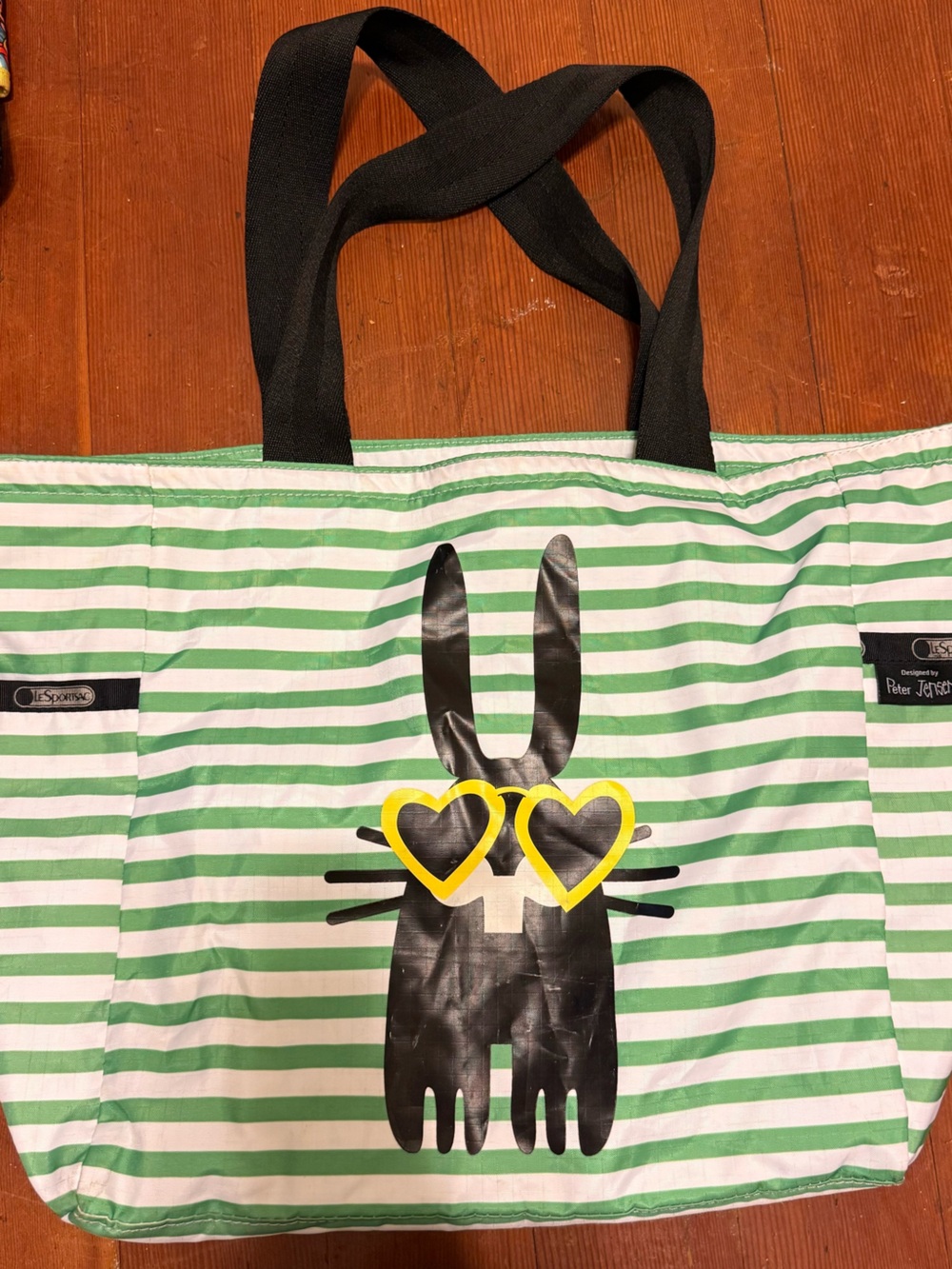 Green & White Striped Bunny Tote with Heart Sunglasses